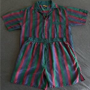 VTG 90s Max Deco 100% Silk Set Striped Button Down & Shorts Festival Whimsigoth